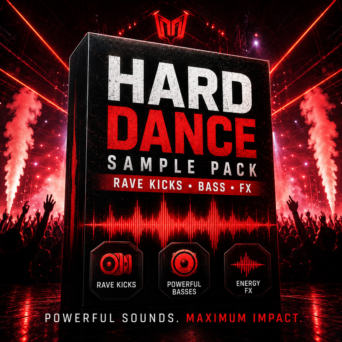 Promotional cover art for a music sample pack titled 'HARD DANCE SAMPLE PACK' with 'RAVE KICKS • BASS • FX' on a large black box. The scene is a red-lit concert stage with smoke, pyrotechnics, and a crowd, plus the text 'POWERFUL SOUNDS.