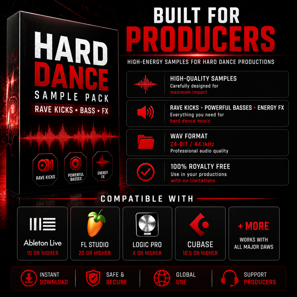 Promotional graphic for a 'Hard Dance Sample Pack' software product, showing a 3D software box cover on the left and a list of features and compatible software on the right, with Ableton Live, FL Studio, Logic Pro X, and Cubase logos displayed at the bottom.
