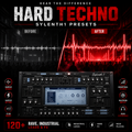 Promotional graphic for Sylenth1 presets titled 'Hard Techno', showing a black audio plugin interface at the bottom, red and black before/after waveform comparisons, and feature callouts for rave, industrial, and club use.