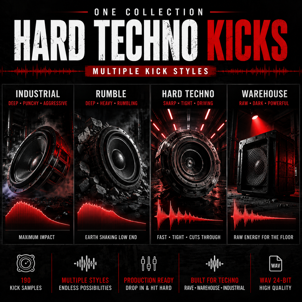 Promotional graphic for a music sample pack titled 'Hard Techno Kicks' with three large style names and descriptions: Industrial, Rumble, and Warehouse. The design uses a dark red, black, and white color scheme with dramatic lighting and speaker imagery.