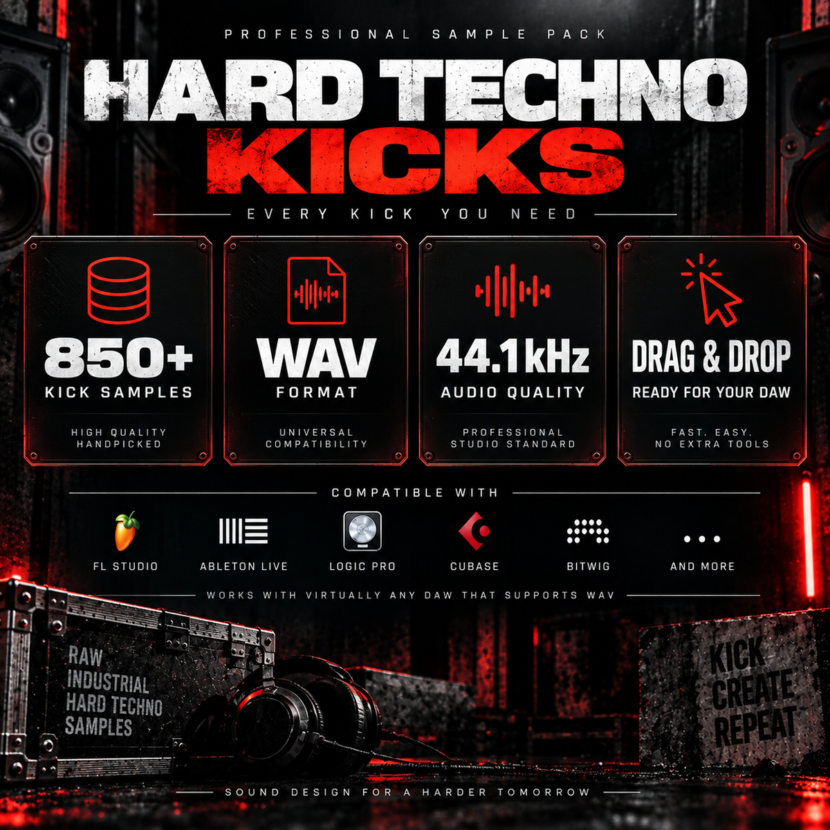 Promotional graphic for a digital sample pack titled 'HARD TECHNO KICKS' with red and white text over a dark industrial studio scene. The design shows four feature panels: 850+ kick samples, WAV format, 44.