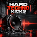 Promotional cover art for a hard techno sample pack titled 'HARD TECHNO KICKS' with '850+ WAV SAMPLES' text. The design shows a large speaker, a monitor with red audio waveform, and dark industrial background with red lighting and debris.