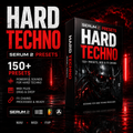 Promotional graphic for 'Hard Techno Serum 2 Presets' showing a software product box on a dark red and black reflective studio-style background, with large text advertising 150+ presets, MIDI files, and FX chains.