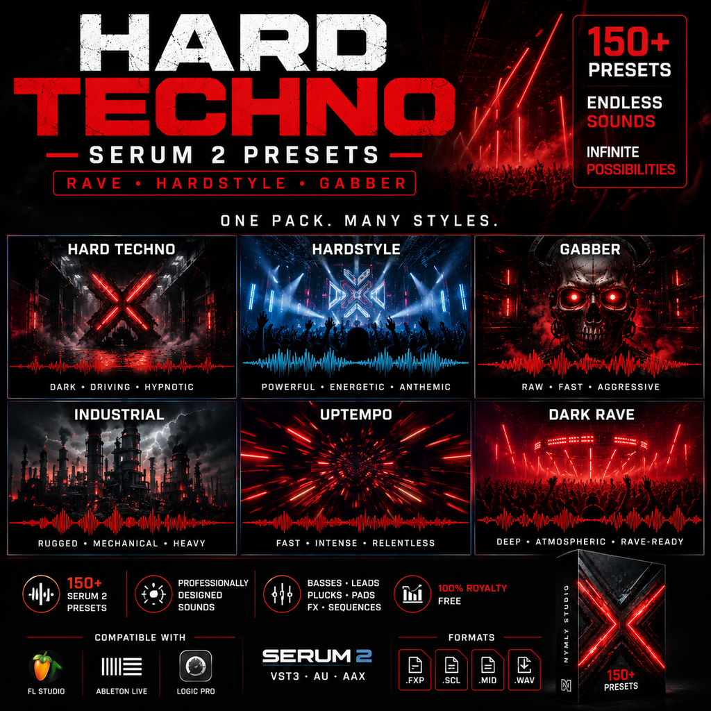 Promotional graphic for 'Hard Techno Serum 2 Presets' showing six preset style panels: Hard Techno, Hardstyle, Gabber, Industrial, Uptempo, and Dark Rave. The design uses a dark red, black, and white color scheme with neon accents, text highlights '150+ Presets', and compatibility logos for FL Studio, Able Live, and Logic Pro.