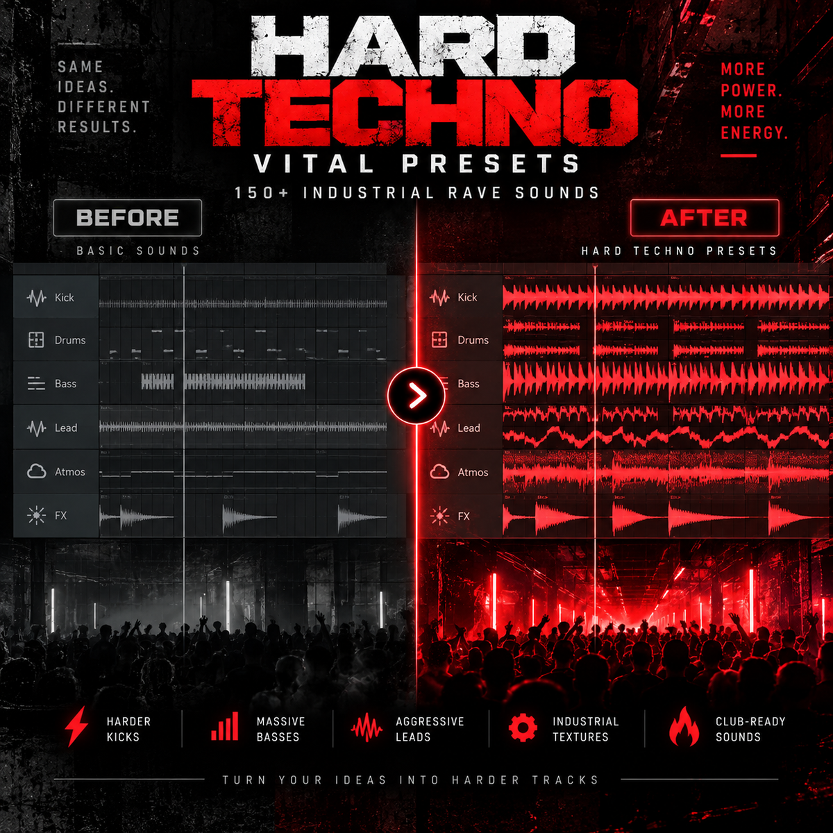 Hard Techno Vital Presets transforming a basic DAW mix into powerful, club-ready industrial rave sounds.