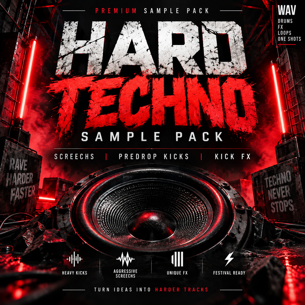 Promotional cover art for a 'Hard Techno Sample Pack' featuring a large speaker in a dark industrial setting with red neon lights and bold white and red text.