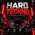 Promotional cover art for a 'Hard Techno Sample Pack' featuring a large speaker in a dark industrial setting with red neon lights and bold white and red text.