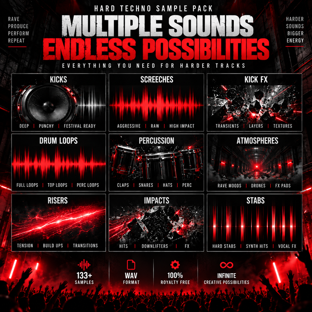 Promotional graphic for a hard techno sample pack titled 'Multiple Sounds Endless Possibilities,' showing a 3x3 grid of red audio waveform panels labeled Kicks, Screeches, Kick FX, Drum Loops, Percussion, Atmospheres, Risers, Impacts, and Stabs, with feature callouts at the bottom.
