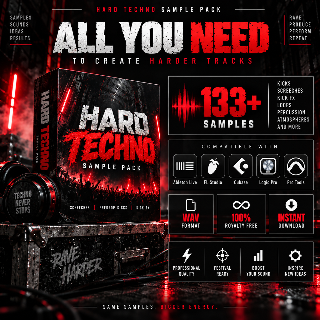 Promotional graphic for a Hard Techno sample pack bundle titled 'All You Need to Create Harder Tracks.' The design shows a black vinyl record box and matching headphones on a dark red, black, and gray stage-like background with neon red lights and text callouts listing included samples and software compatibility.