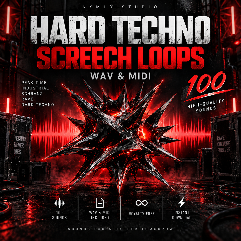 Promotional cover art for a digital audio sample pack titled 'HARD TECHNO SCREECH LOOPS' by Nymly Studio. The design features a dark, gritty industrial theme with a central metallic spiky object glowing red in the center of a dark, wet stage-like environment.
