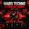 Promotional cover art for a digital audio sample pack titled 'HARD TECHNO SCREECH LOOPS' by Nymly Studio. The design features a dark, gritty industrial theme with a central metallic spiky object glowing red in the center of a dark, wet stage-like environment.