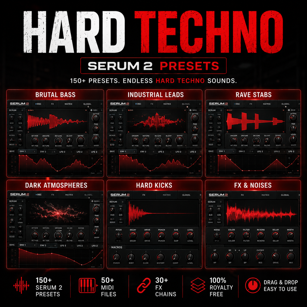 Promotional graphic for Serum 2 presets featuring six hard techno sound categories: Brutal Bass, Industrial Leads, Rave Stabs, Dark Atmospheres, Hard Kicks, and FX & Noises. Large text at the top reads 'HARD TECHNO' with 'SERUM 2 PRESETS' below, and feature callouts at the bottom including 150+ presets, 50+ MIDI files, 30+ FX chains, 100% royalty free, and drag & drop easy to use.