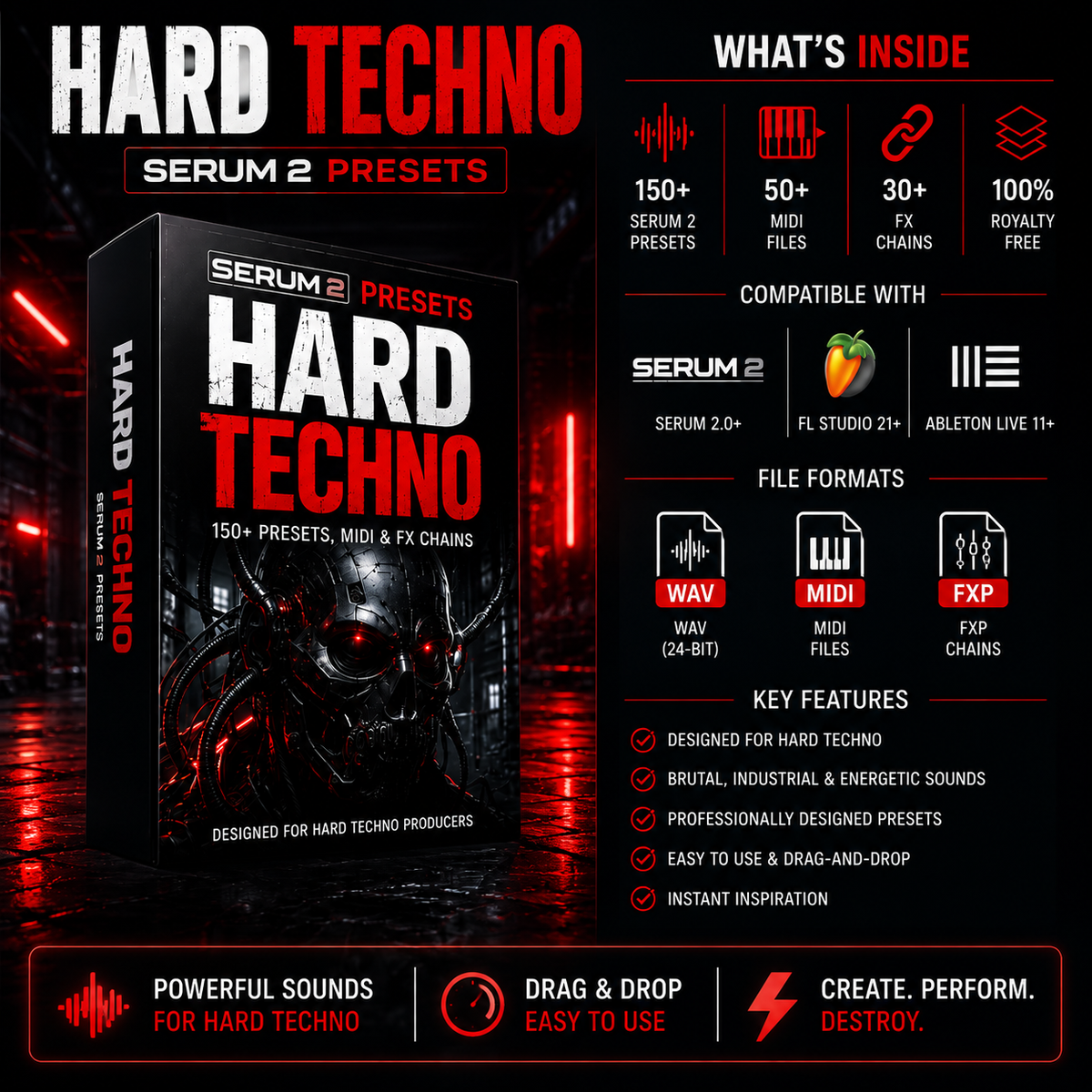 Promotional graphic for 'Hard Techno Serum 2 Presets' showing a black software box cover with red and white text, surrounded by feature callouts and compatibility information on a dark red background with neon lighting.