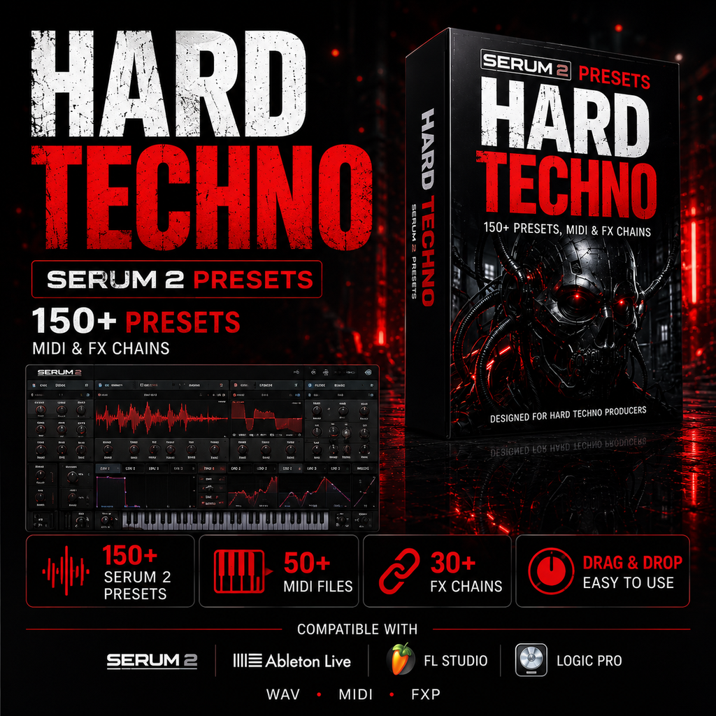 Promotional graphic for Serum 2 Presets Hard Techno, showing a 3D software box cover, a digital audio workstation interface screenshot, and feature callouts for 150+ presets, 50+ MIDI files, 30+ FX chains, and drag-and-drop compatibility with Ableton Live, FL Studio, and Logic Pro.