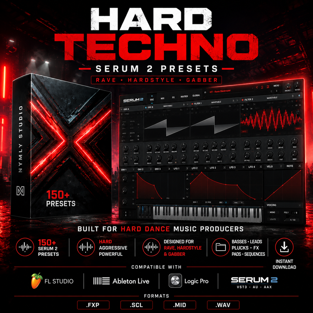 Promotional graphic for Serum 2 presets by Nyaly Studio, featuring a large black software interface mockup with red glowing accents, a stylized product box, and text reading HARD TECHNO, SERUM 2 PRESETS, and compatibility with FL Studio, Ableton Live, and Logic Pro.