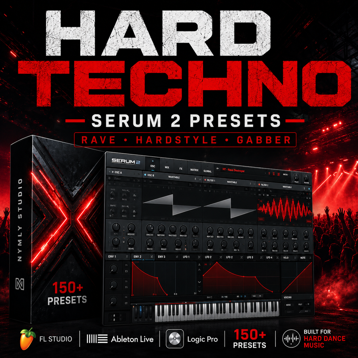 Promotional graphic for 'Hard Techno Serum 2 Presets' showing a dark red and black digital audio workstation interface with a keyboard, large distressed text, and compatibility badges for FL Studio, Ableton Live, and Logic Pro.