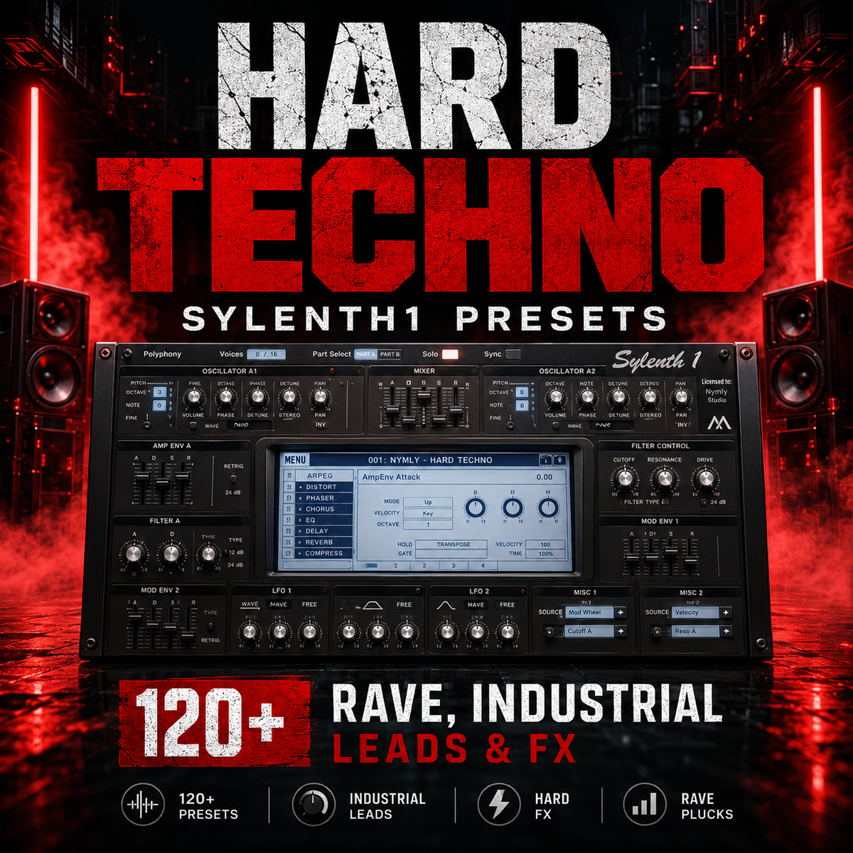 Promotional graphic for Sylenth1 presets featuring a large black modular synthesizer interface centered over a dark red and black industrial city scene. Big text reads “HARD TECHNO” and “SYLENTHEN1 PRESETS,” with additional text including “120+ RAVE, INDUSTRIAL LEADS & FX” and feature icons at the bottom.