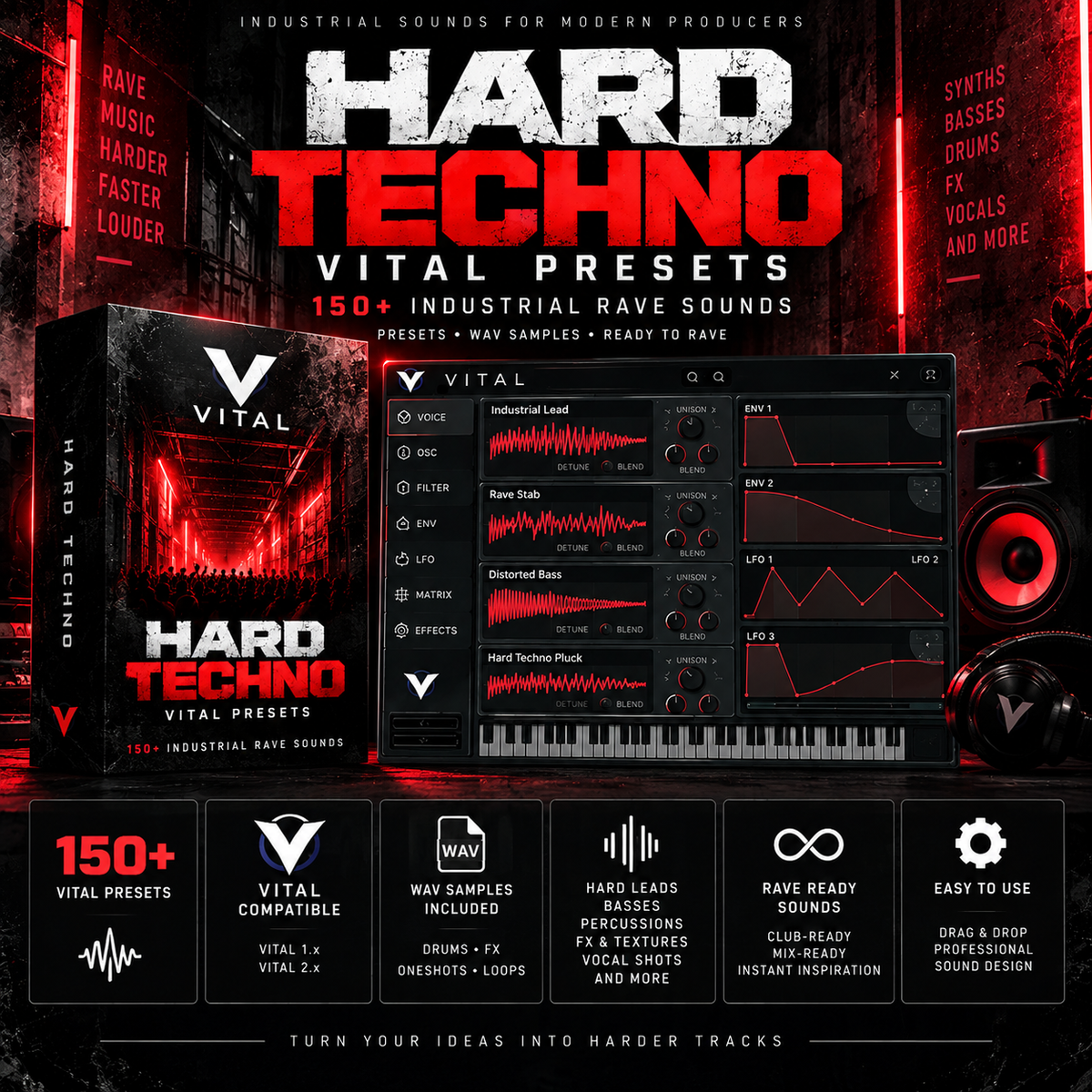 Promotional graphic for Hard Techno Vital Presets, showing a software interface, a product box, a speaker, and feature icons on a dark red industrial-themed background.