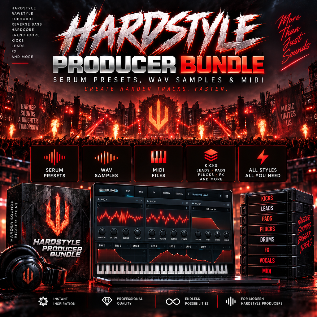 Promotional graphic for the Hardstyle Producer Bundle, showing a dark concert scene in the background, a large stylized title, and a central software interface mockup with preset, wav samples, midi, kicks, leads, fx, drums, vocals, and mix elements. Text highlights preset files, wav samples, midi files, leads/trios, fx, kicks, and all styles.