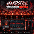 Promotional graphic for the Hardstyle Producer Bundle, showing a dark concert scene in the background, a large stylized title, and a central software interface mockup with preset, wav samples, midi, kicks, leads, fx, drums, vocals, and mix elements. Text highlights preset files, wav samples, midi files, leads/trios, fx, kicks, and all styles.