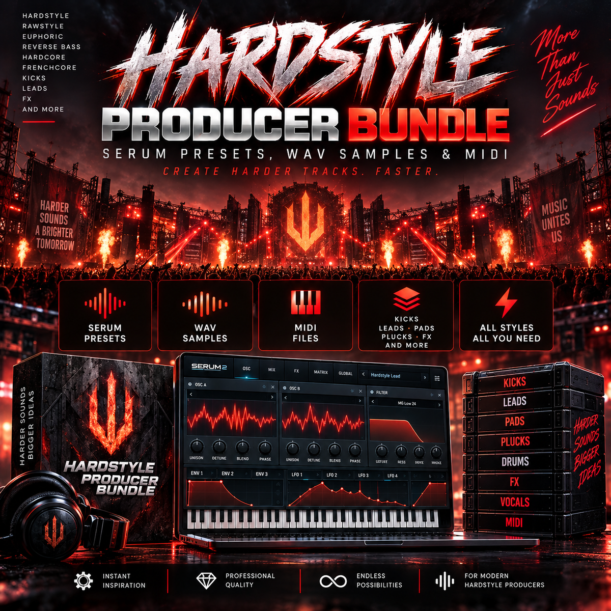 Promotional graphic for the Hardstyle Producer Bundle, showing a dark concert scene in the background, a large stylized title, and a central software interface mockup with preset, wav samples, midi, kicks, leads, fx, drums, vocals, and mix elements. Text highlights preset files, wav samples, midi files, leads/trios, fx, kicks, and all styles.