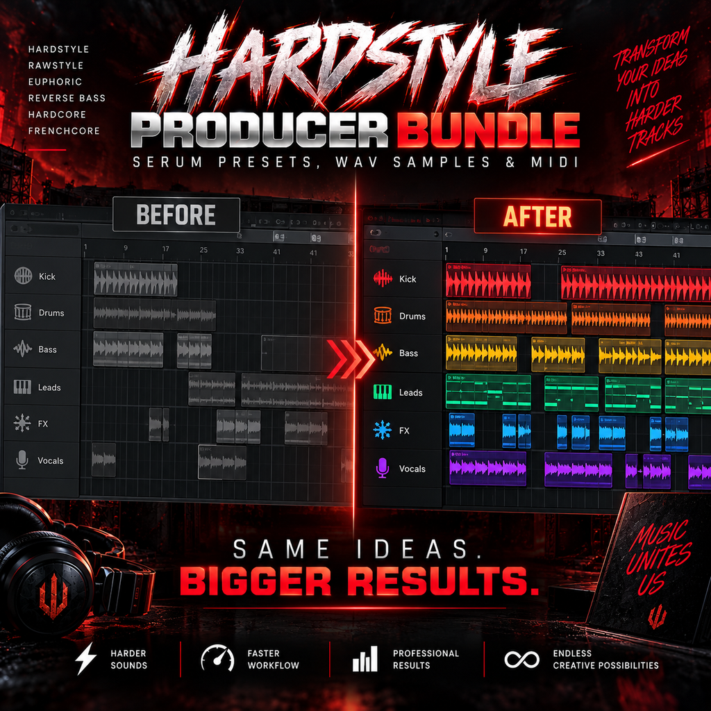 Promotional graphic for the 'Hardstyle Producer Bundle' containing serum presets, wav samples, and MIDI files. The design features a dark red and black theme with a 'Before' and 'After' comparison of audio tracks, showcasing the effects of the presets on a drum kit.