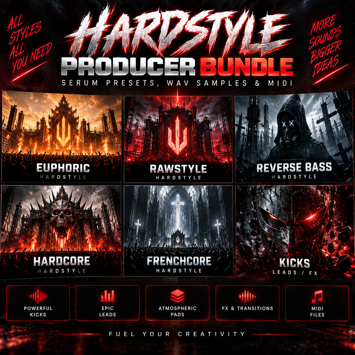 Promotional graphic for a 'Hardstyle Producer Bundle' containing serum presets, wav samples, and midi files. The design features a dark, high-contrast aesthetic with six sample packs: Euphoric, Rawstyle, Reverse Bass, Hardcore, Frenchcore, and Kicks, each with its own dark, intense graphic.