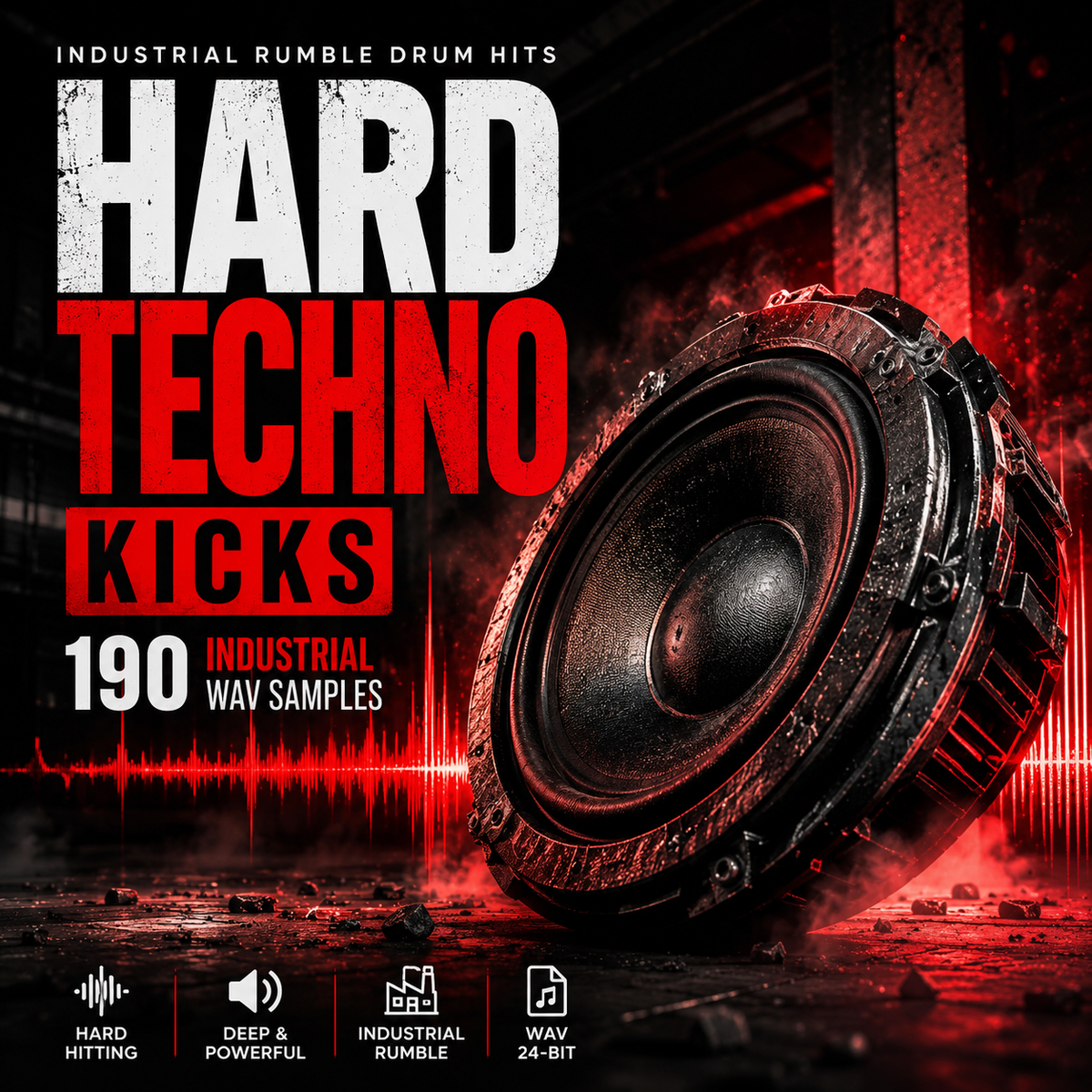 Promotional cover art for a music sample pack titled 'HARD TECHNO KICKS' with '190 INDUSTRIAL WAY SAMPLES' text, featuring a large speaker on a dark industrial background with red lighting and soundwave graphics.