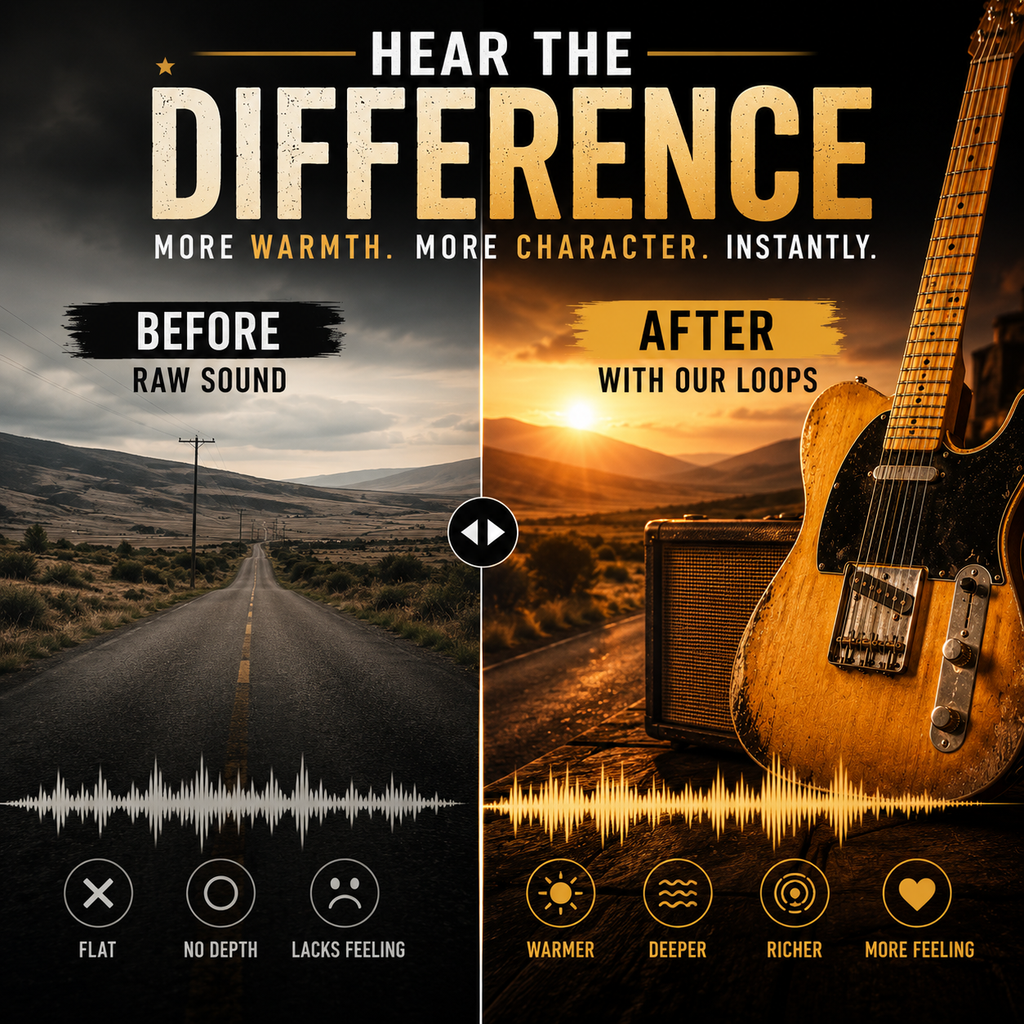 Promotional split-screen graphic for a sound effect or audio editing loop product. The left side shows a dark, desaturated road scene labeled 'BEFORE RAW SOUND' with a waveform and icons for flat, no depth, and lacks feeling.