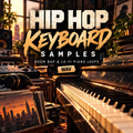 Promotional cover art for a digital sample pack titled 'HIP HOP KEYBOARD SAMPLES' with the subtitle 'BOOM BAP & LO-FI PIANO LOOPS' and a WAV format label. The scene shows a piano in a warm, sunlit room with vinyl records, headphones, speakers, and city skyline imagery in the background.