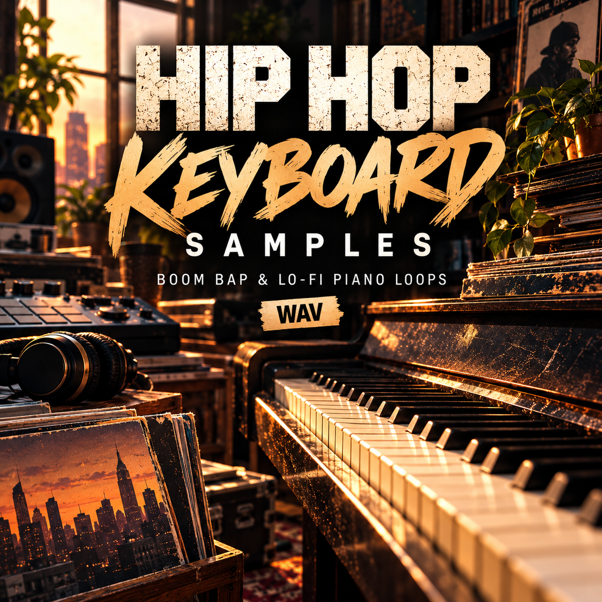 Promotional cover art for a digital sample pack titled 'HIP HOP KEYBOARD SAMPLES' with the subtitle 'BOOM BAP & LO-FI PIANO LOOPS' and a WAV format label. The scene shows a piano in a warm, sunlit room with vinyl records, headphones, speakers, and city skyline imagery in the background.