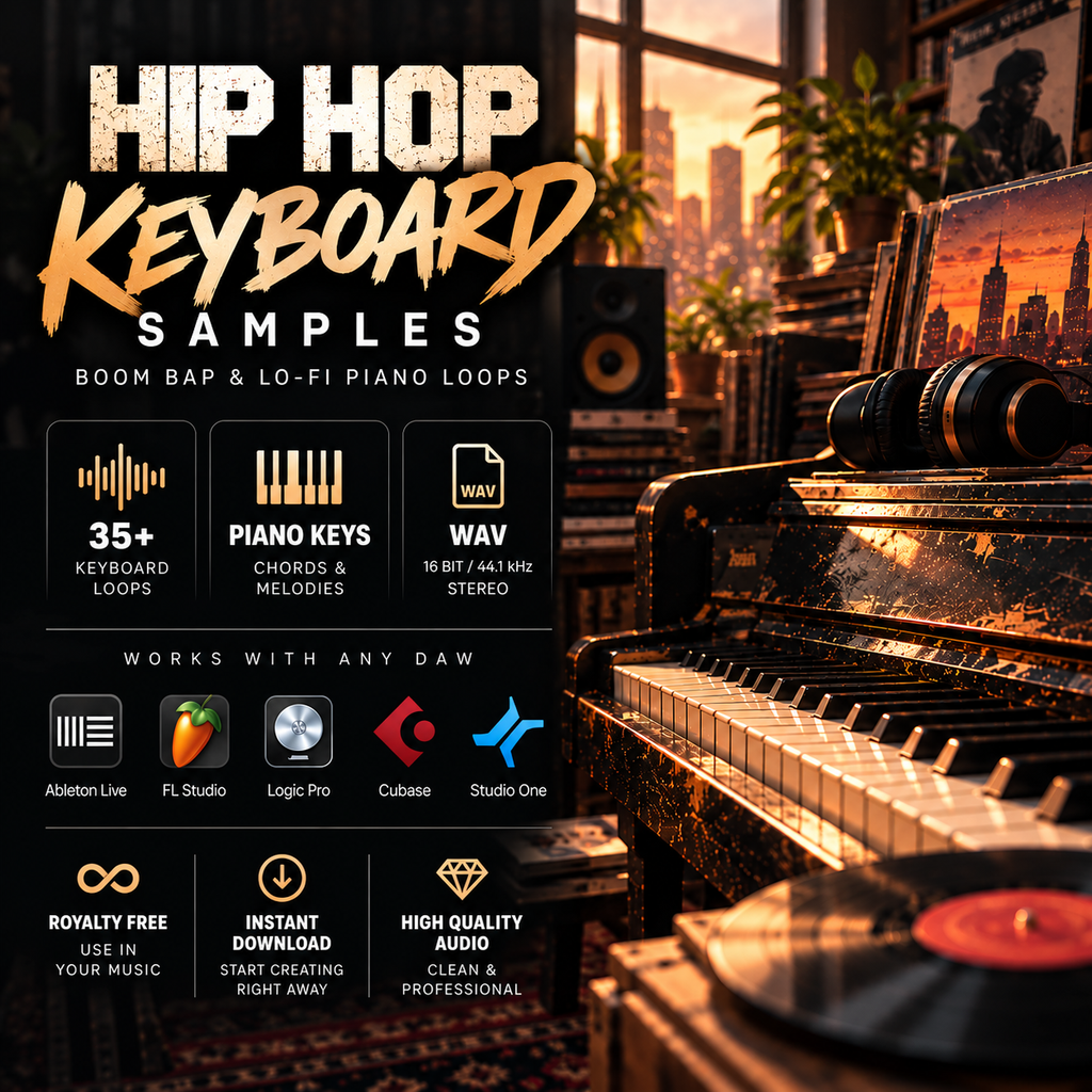 Promotional graphic for a hip hop keyboard samples audio pack, featuring large title text over a warm-toned piano in a city setting. The design highlights 35+ keyboard loops, piano keys, chords and melodies, WAV format, and compatibility with DAW, Ableton Live, FL Studio, Logic Pro, Cubase, and Studio One.