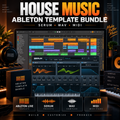Promotional graphic for an Ableton Live template bundle for house music, showing a computer monitor with a multicolored arrangement, a Serum virtual instrument interface, a piano keyboard graphic, and four feature icons for Serum, WAV, MIDI, and MIDI Files. The text reads 'HOUSE MUSIC', 'ABLETON TEMPLATE BUNDLE', and 'SERUM • WAV • MIDI'.