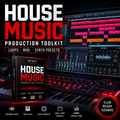 Promotional graphic for the 'House Music Production Toolkit' by Nymly Studio, featuring a software interface with colorful audio clips, a keyboard, and a product box, with bold text overlays.