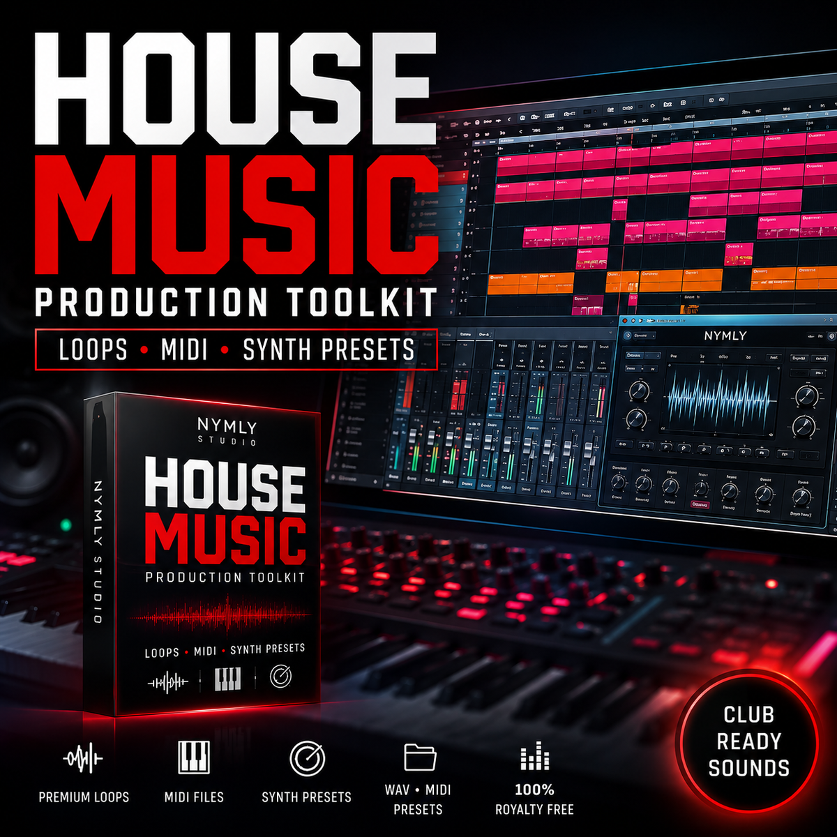 Promotional graphic for the 'House Music Production Toolkit' by Nymly Studio, featuring a software interface with colorful audio clips, a keyboard, and a product box, with bold text overlays.