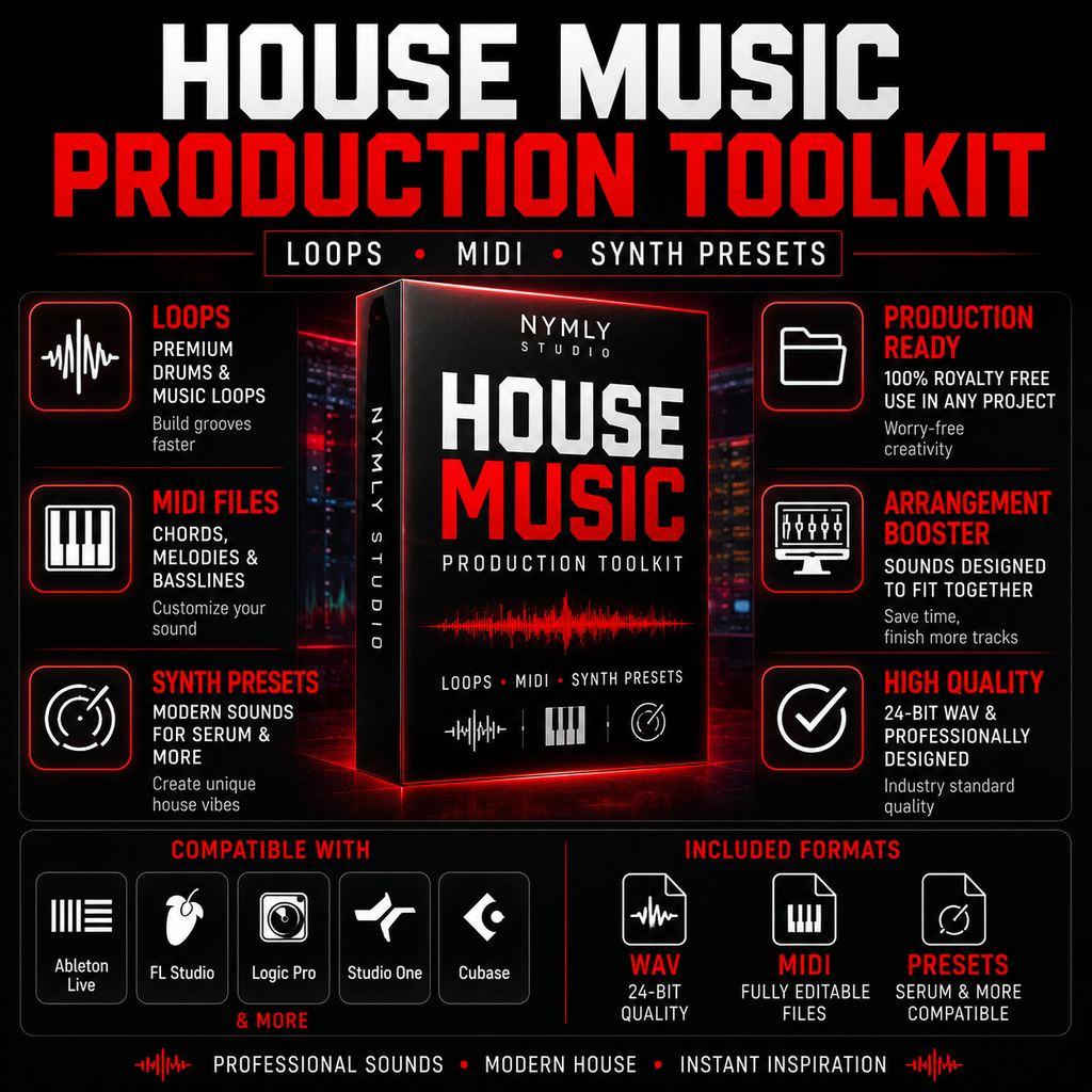 Promotional graphic for the House Music Production Toolkit by Nyml Studio, featuring a 3D software box mockup on a black background with red and white text and icons detailing included loops, MIDI files, synths, presets, and compatibility with Ableton Live, FL Studio, Pro Logic, and others.