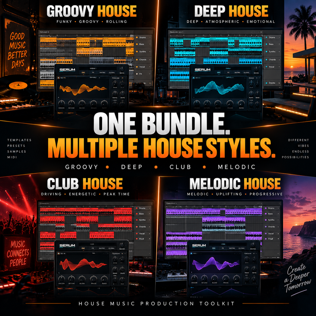 Promotional graphic for a house music production toolkit showing four style categories: Groovy House, Deep House, Club House, and Melodic House, each with a software interface screenshot and warm concert/sunset background. Large centered text reads 'ONE BUNDLE.