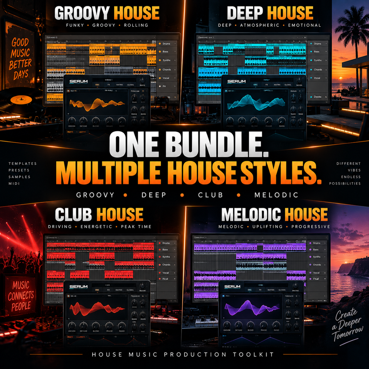 Promotional graphic for a house music production toolkit showing four style categories: Groovy House, Deep House, Club House, and Melodic House, each with a software interface screenshot and warm concert/sunset background. Large centered text reads 'ONE BUNDLE.