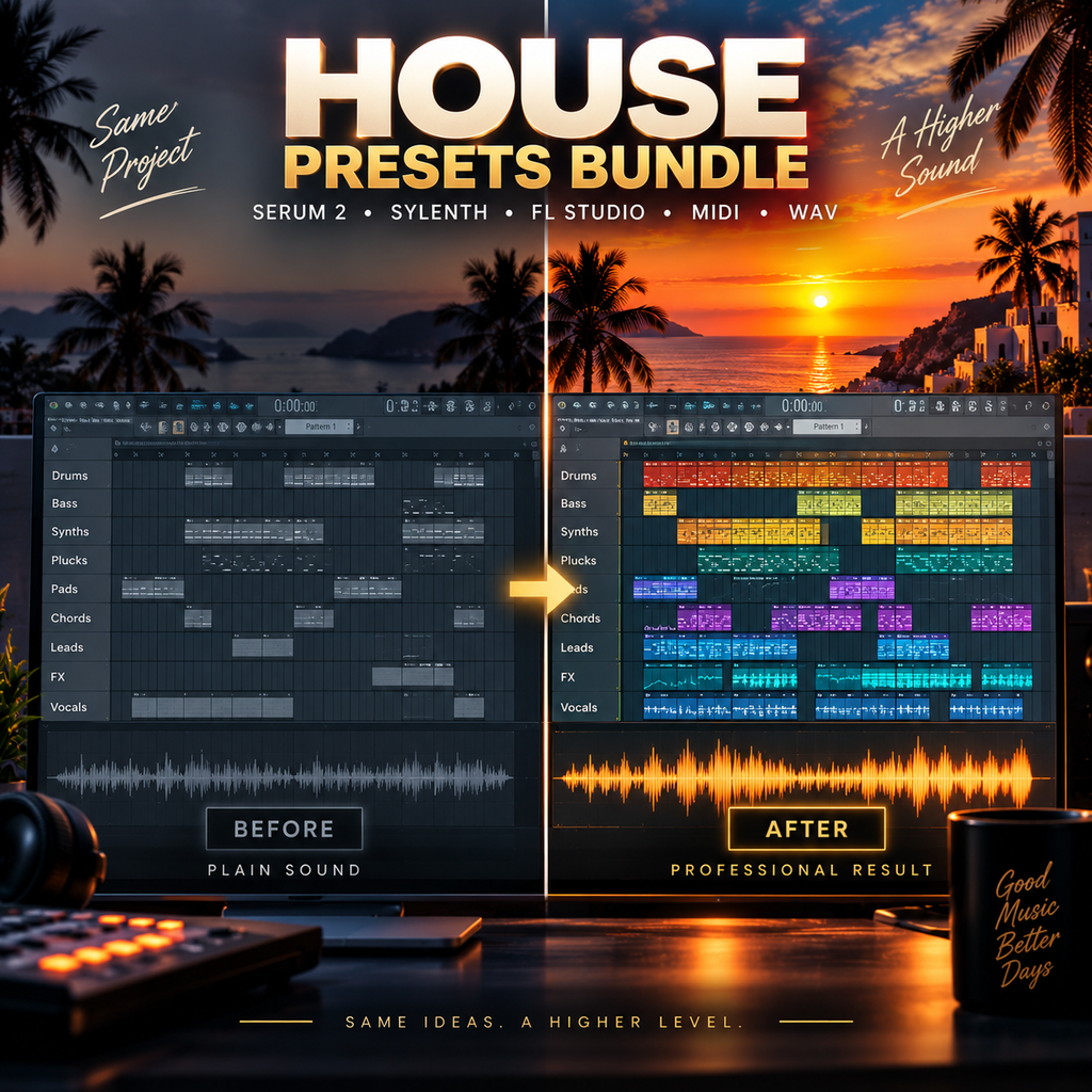 Promotional graphic for a 'HOUSE PRESETS BUNDLE' showing a split-screen comparison of audio software timelines labeled 'BEFORE' and 'AFTER'. The left side shows a dark gray audio rack with white waveforms, while the right side shows a colorful, professional arrangement of tracks.