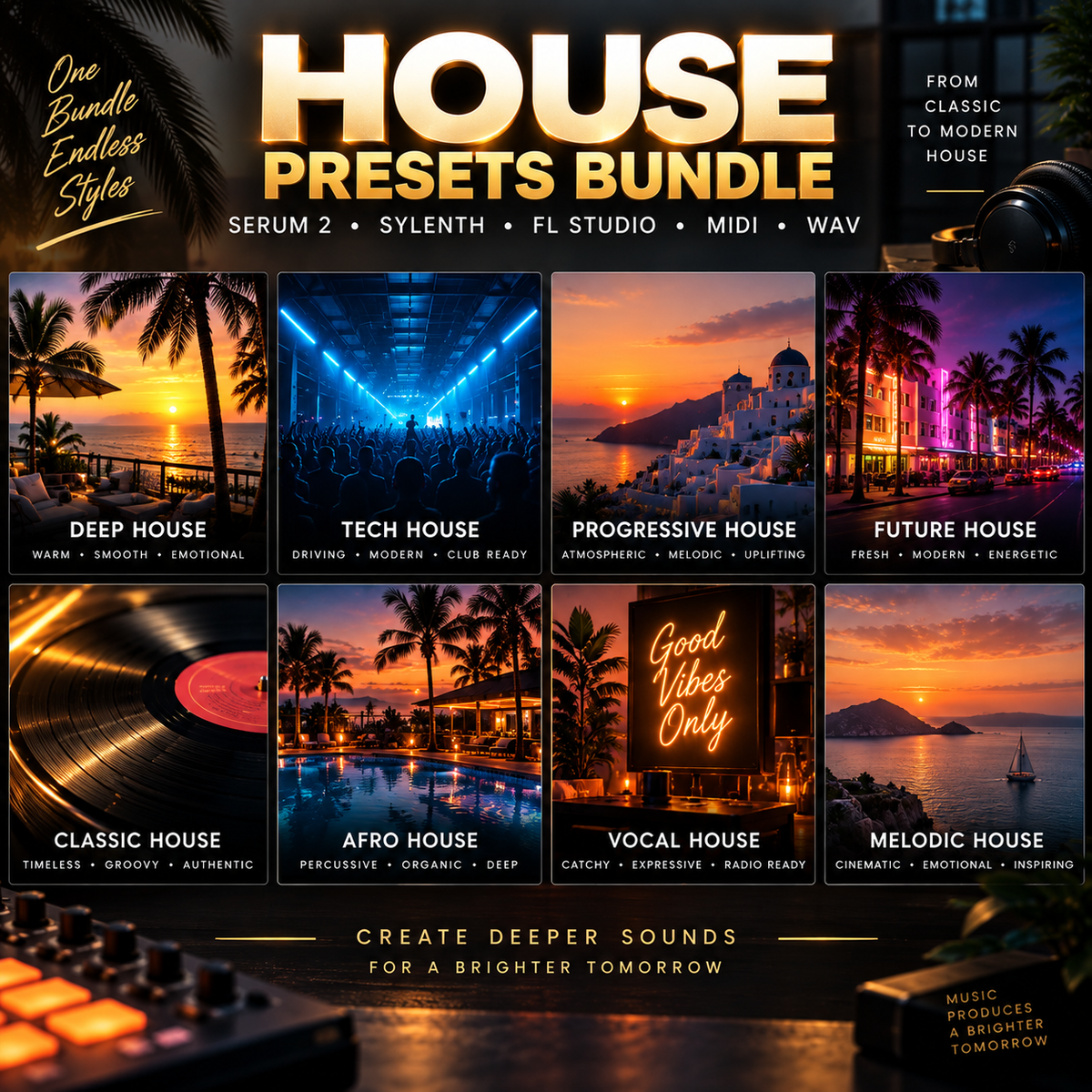 House presets bundle showing diverse Deep, Tech, Progressive, Afro, Classic, Vocal and Melodic House styles.