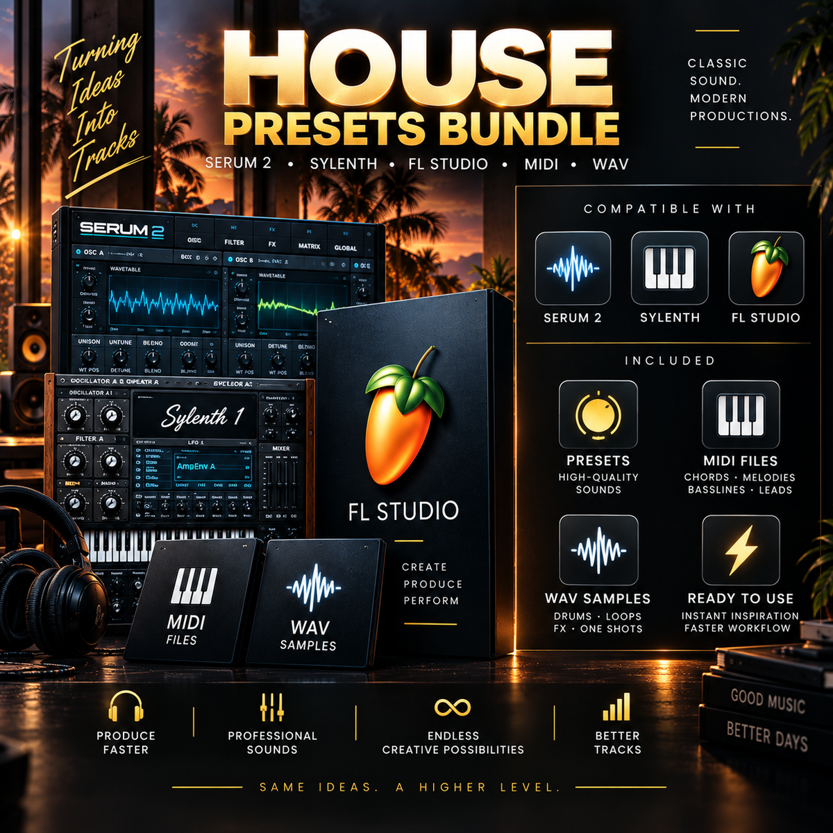 House presets bundle featuring Serum 2, Sylenth, FL Studio, MIDI files and WAV samples with compatibility details.