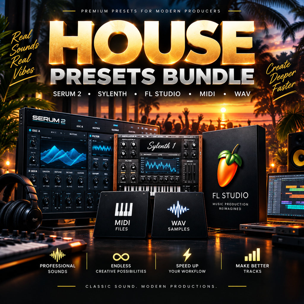 Promotional graphic for a House Presets Bundle featuring software mockups for Serum 2, Sylenth1, FL Studio, and MIDI/WAV files, with a sunset beach background and bold gold title text.