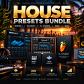 Promotional graphic for a House Presets Bundle featuring software mockups for Serum 2, Sylenth1, FL Studio, and MIDI/WAV files, with a sunset beach background and bold gold title text.