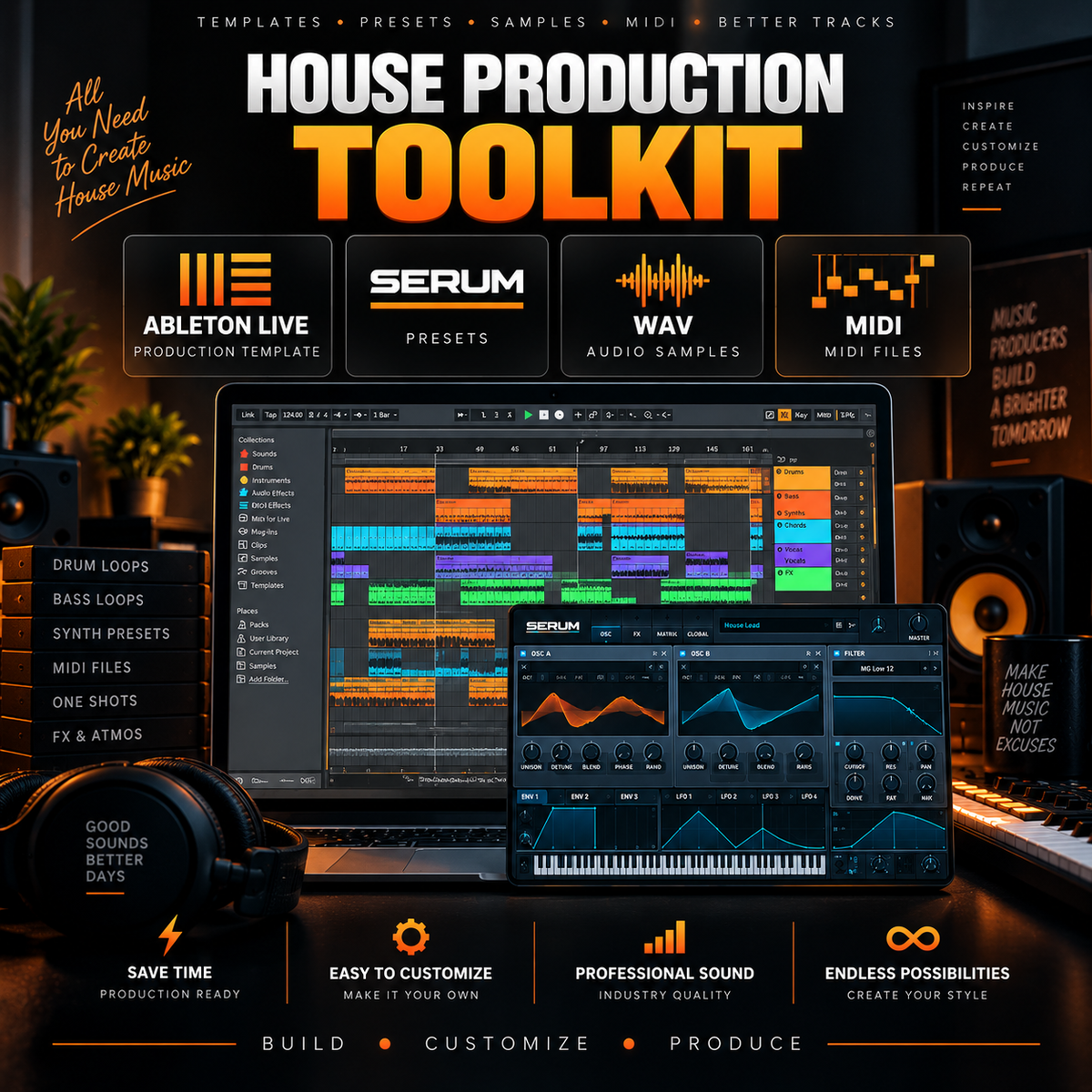 Promotional graphic for the House Production Toolkit, featuring software interface screenshots, text callouts for Ableton Live, Serum, WAV audio samples, and MIDI files, with headphones and speakers in a dark studio setting.