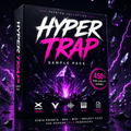 A 3D software product box mockup for 'Hyper Trap Sample Pack' with a black and purple sci-fi aesthetic, featuring glowing purple crystals, lightning, and various audio format icons on the front and spine.