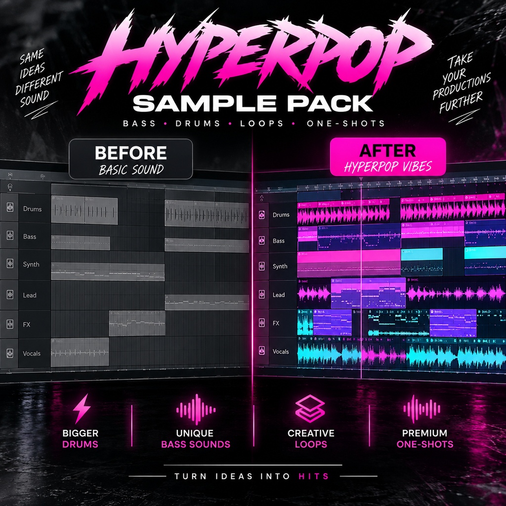 Promotional graphic for the Hyperpop Sample Pack, showing a before-and-after comparison of audio clips in a digital audio workstation. The left side is labeled 'Before Basic Sound' with basic waveform clips, and the right side is labeled 'After Hyperpop Vibes' with vibrant neon pink, purple, and blue clips.