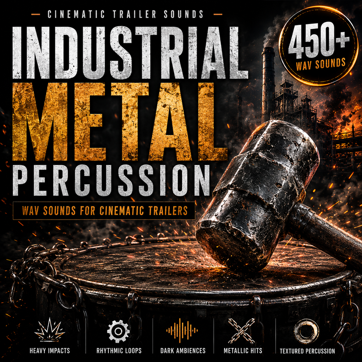 Industrial metal percussion WAV sounds for cinematic trailers with heavy metallic impacts