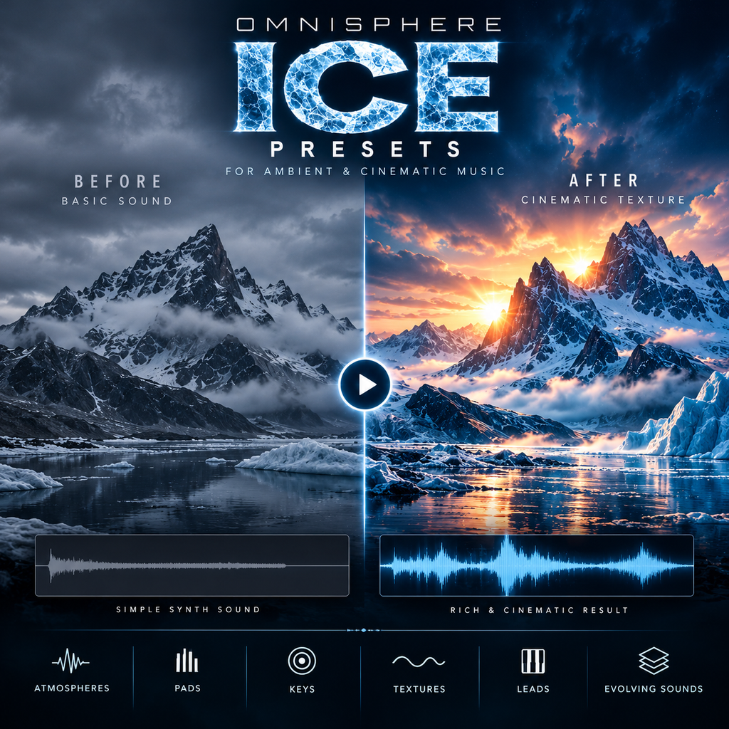 Promotional graphic for 'Omnisphere Ice Presets' showing a split-screen comparison of a snowy mountain landscape. The left side is labeled 'Before' with a dark, basic blue-gray mood, and the right side is labeled 'After' with a dramatic, cinematic warm sunset glow.
