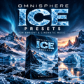 Digital product cover for 'Omnisphere ICE Presets' by Nymly Studio, featuring a 3D box mockup set against a dramatic icy mountain and glacier landscape under a starry night sky.