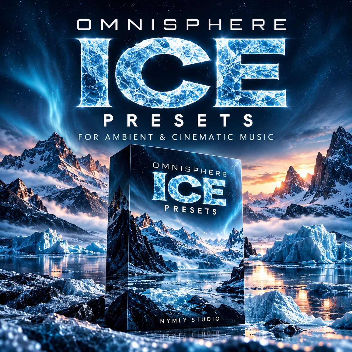Digital product cover for 'Omnisphere ICE Presets' by Nymly Studio, featuring a 3D box mockup set against a dramatic icy mountain and glacier landscape under a starry night sky.